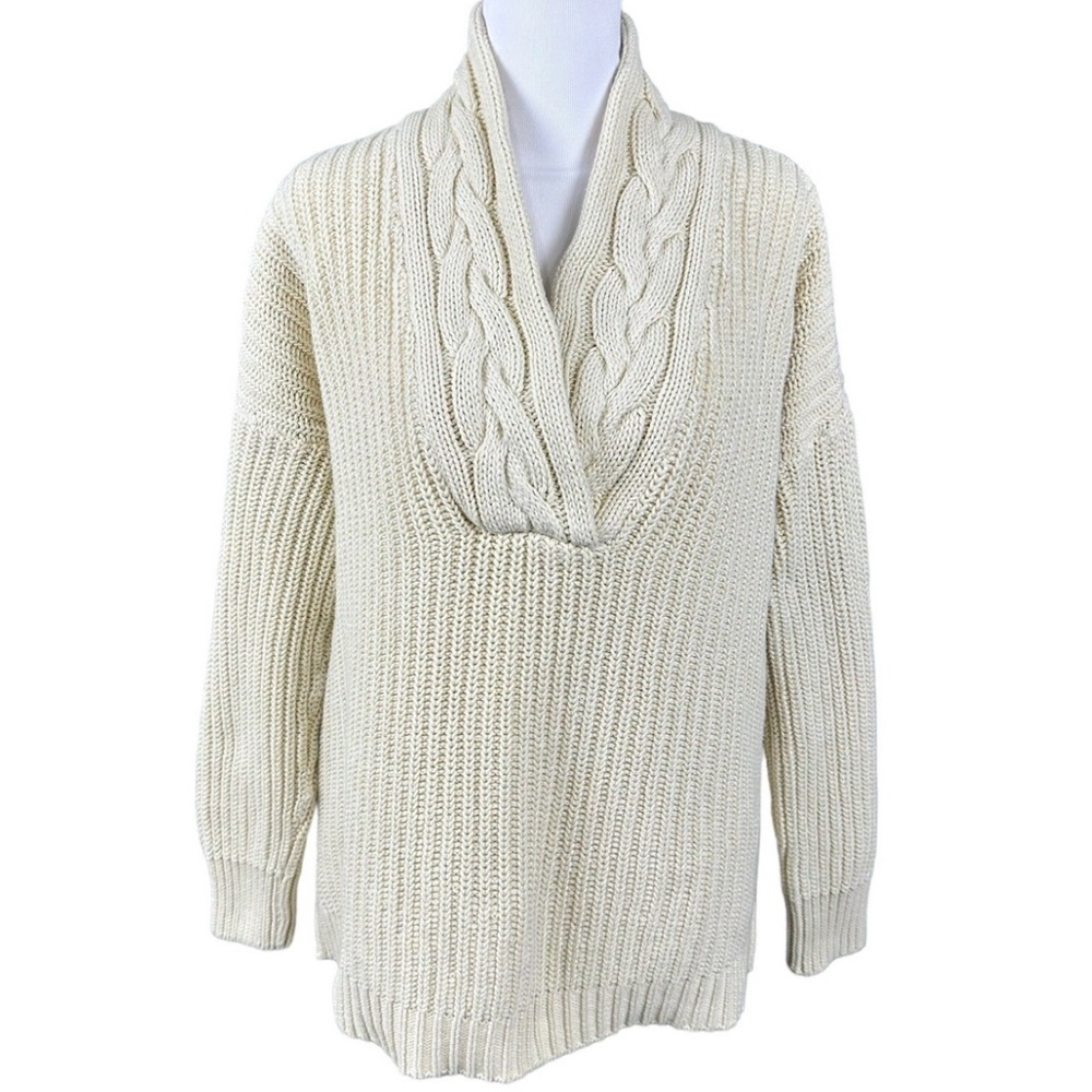 Lauren Ralph Lauren Ivory Cream Chunky Cable Knit V-Neck Side Slit Sweater SZ L